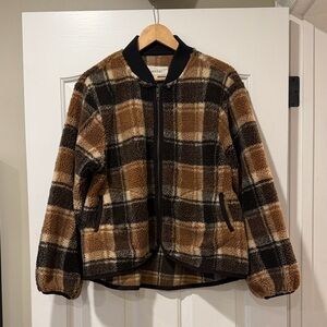 THE GREAT. Sherpa Bomber Jacket in Woodsmoke Plaid Size 2